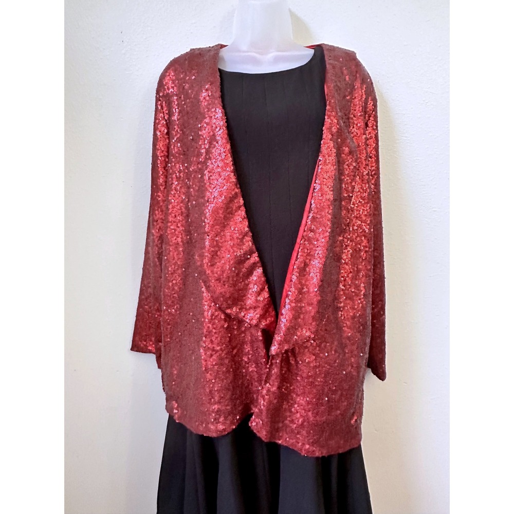 Slinky Brand Red Sequin Jacket Open Front Cardigan XL 13901-R18 Holiday Party